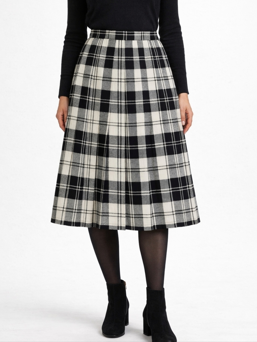 O'Neil Of Dublin 100% Wool Black & White Tartan Plaid Pleated Midi Skirt
